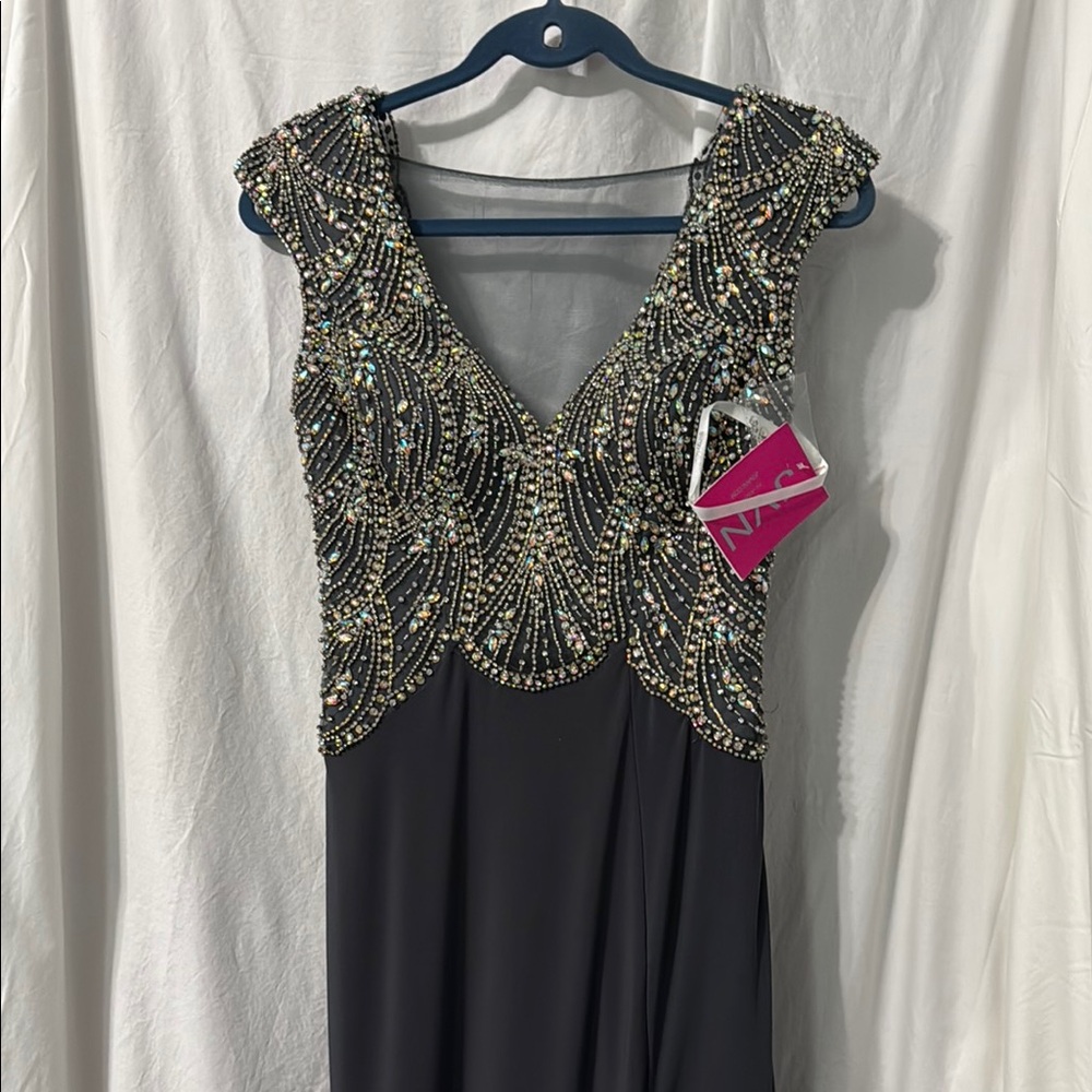 Gray Backless Embellished V-Neck  Gown